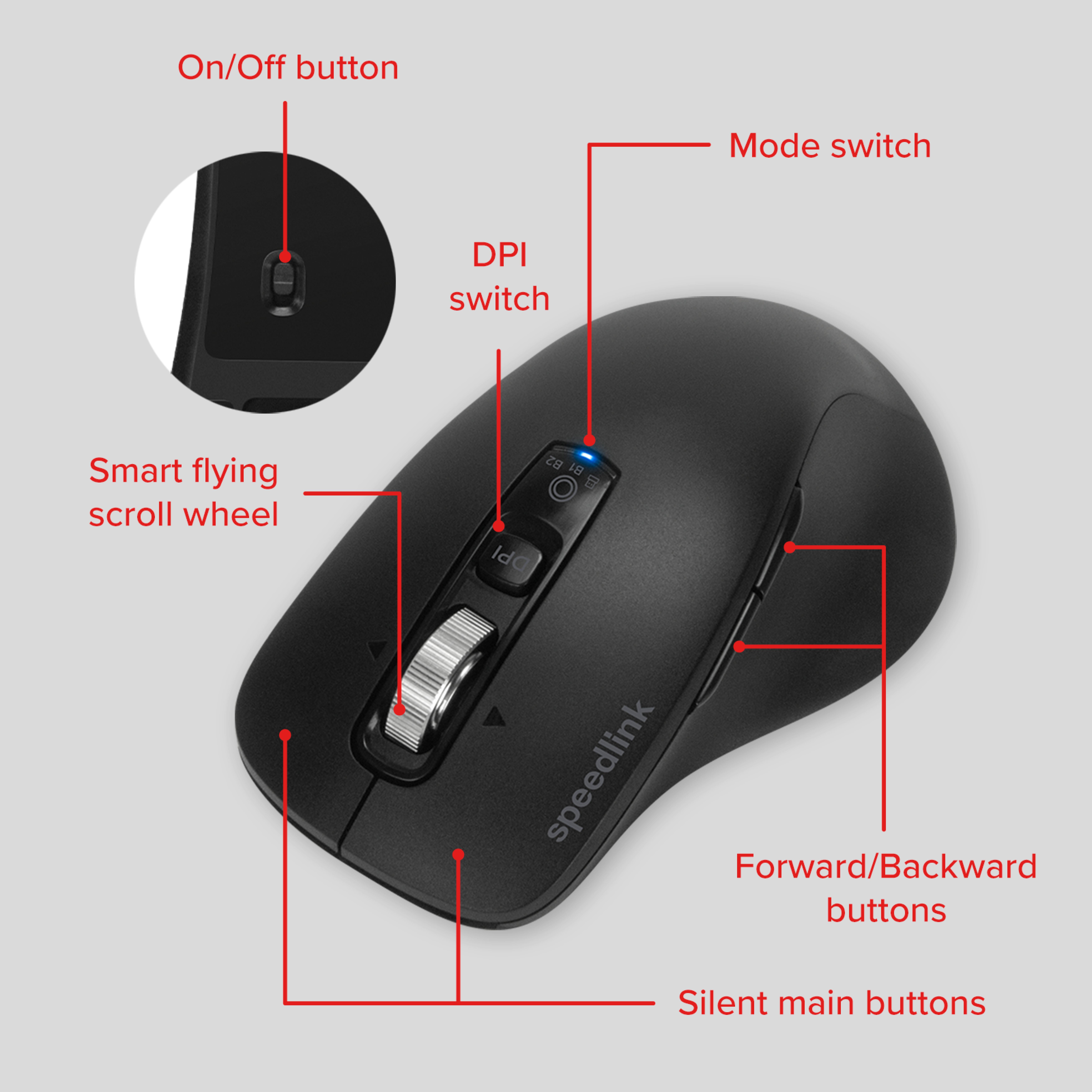 SPEEDLINK VELORA Rechargeable Mouse - Wireless, Bluetooth, Smart Flying Scroll Wheel, black