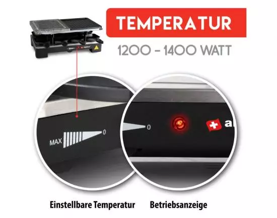 Nahaufnahme eines elektrischen Grills mit einstellbarer Temperatur von 1200 bis 1400 Watt und leuchtender Betriebsanzeige
