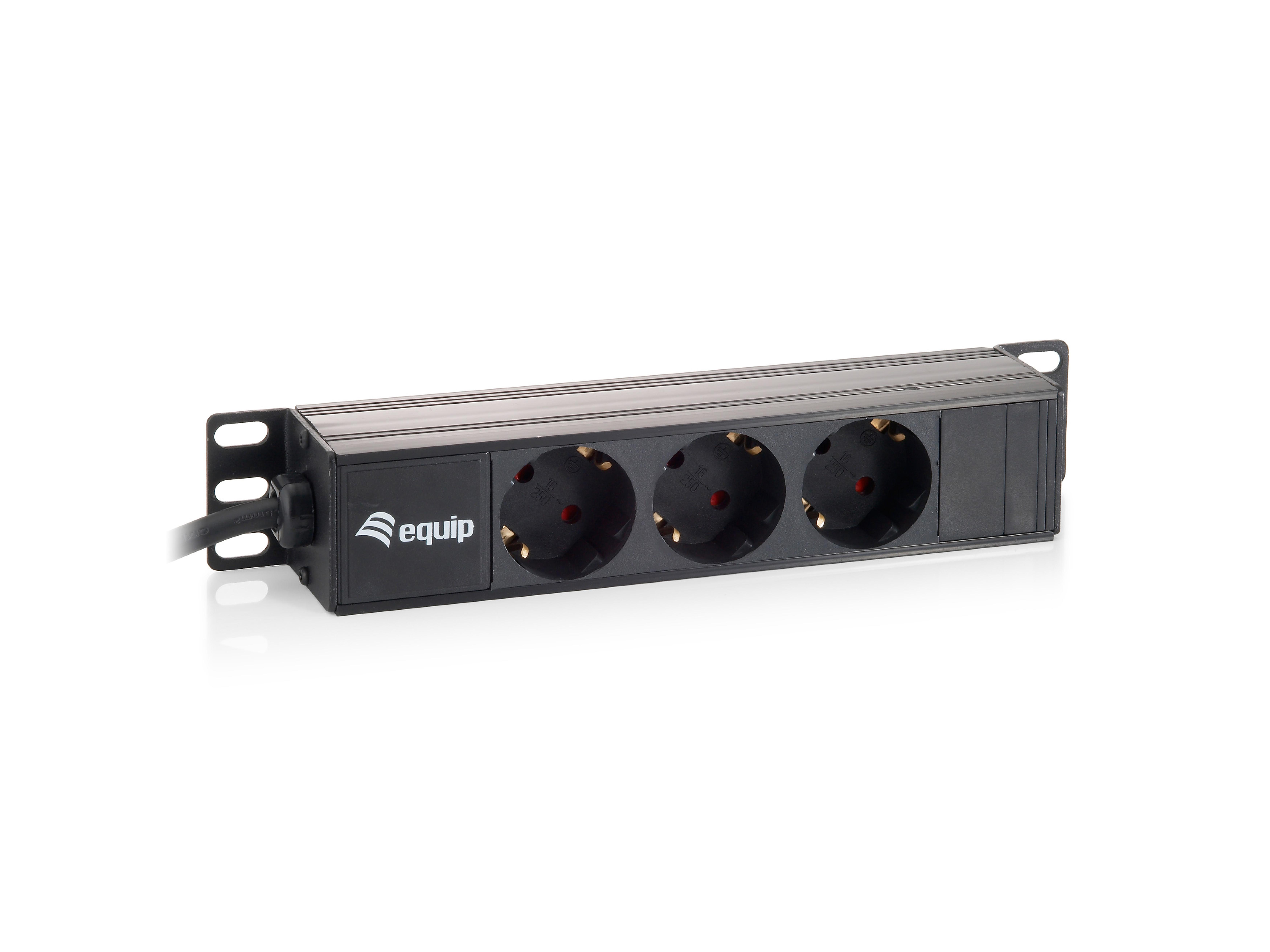 Equip 10" Steckdosenleiste 3xSchuko->St.90° sw. Alu.