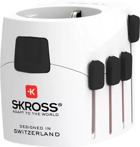 Weißer Skross Reiseadapter mit abnehmbaren Steckern, ideal für Reisen