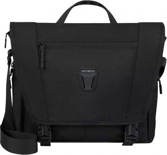 Schwarze Laptoptasche aus Stoff mit verstellbarem Schultergurt und Reißverschlussfach