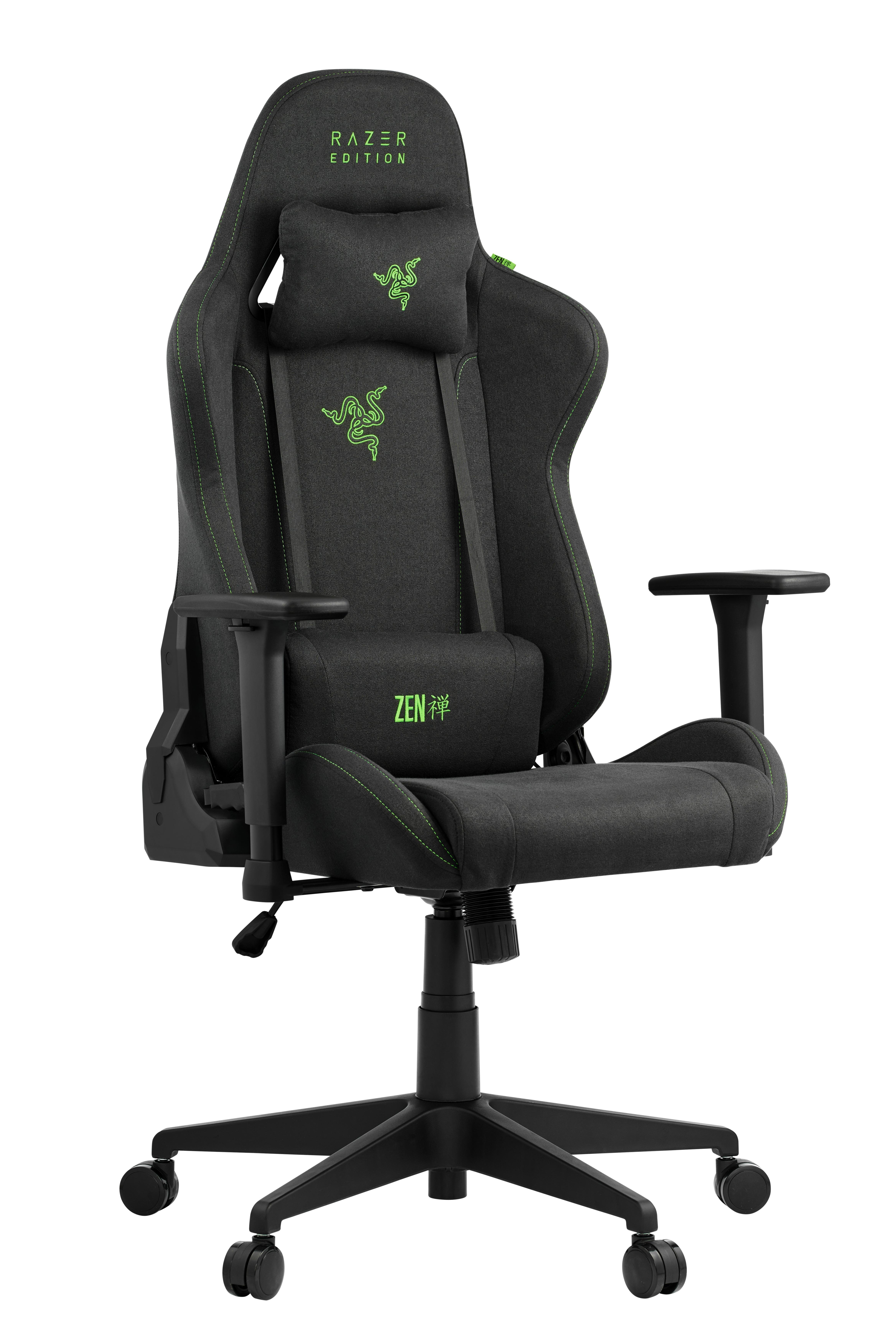 Schwarzer Gaming-Stuhl Razer Edition mit grünen Stickereien und ergonomischem Design