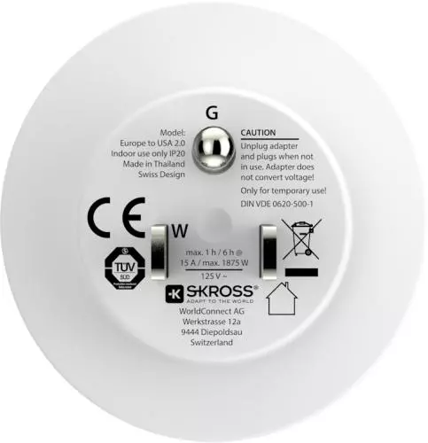 SKROSS Reiseadapter Europe to USA 2.0, CE-zertifiziert, weiß, für den Innenbereich geeignet, max. 1875 W
