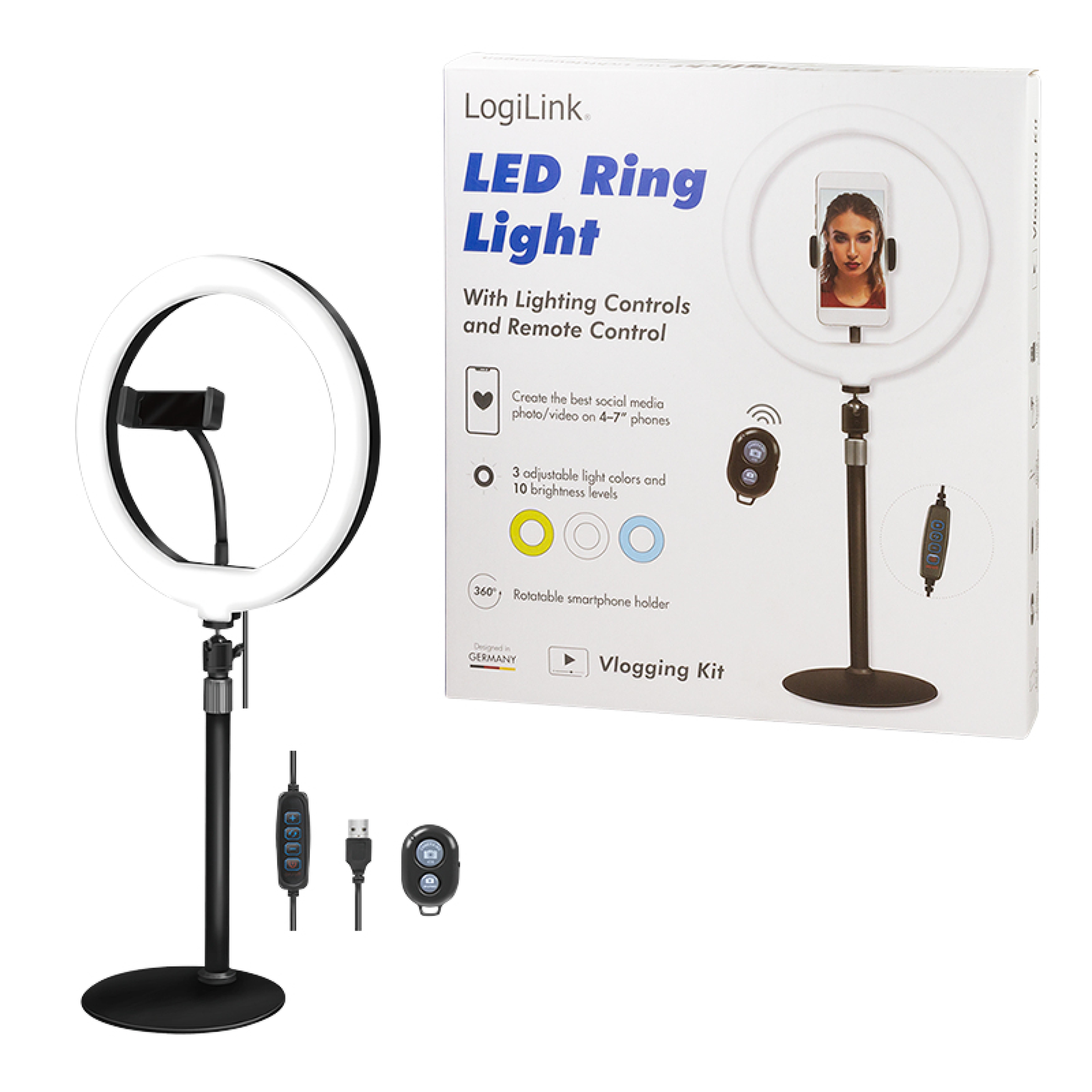 Logilink Smartphone-Ringlicht-Stativ m. Fernausloeser,DM 25cm