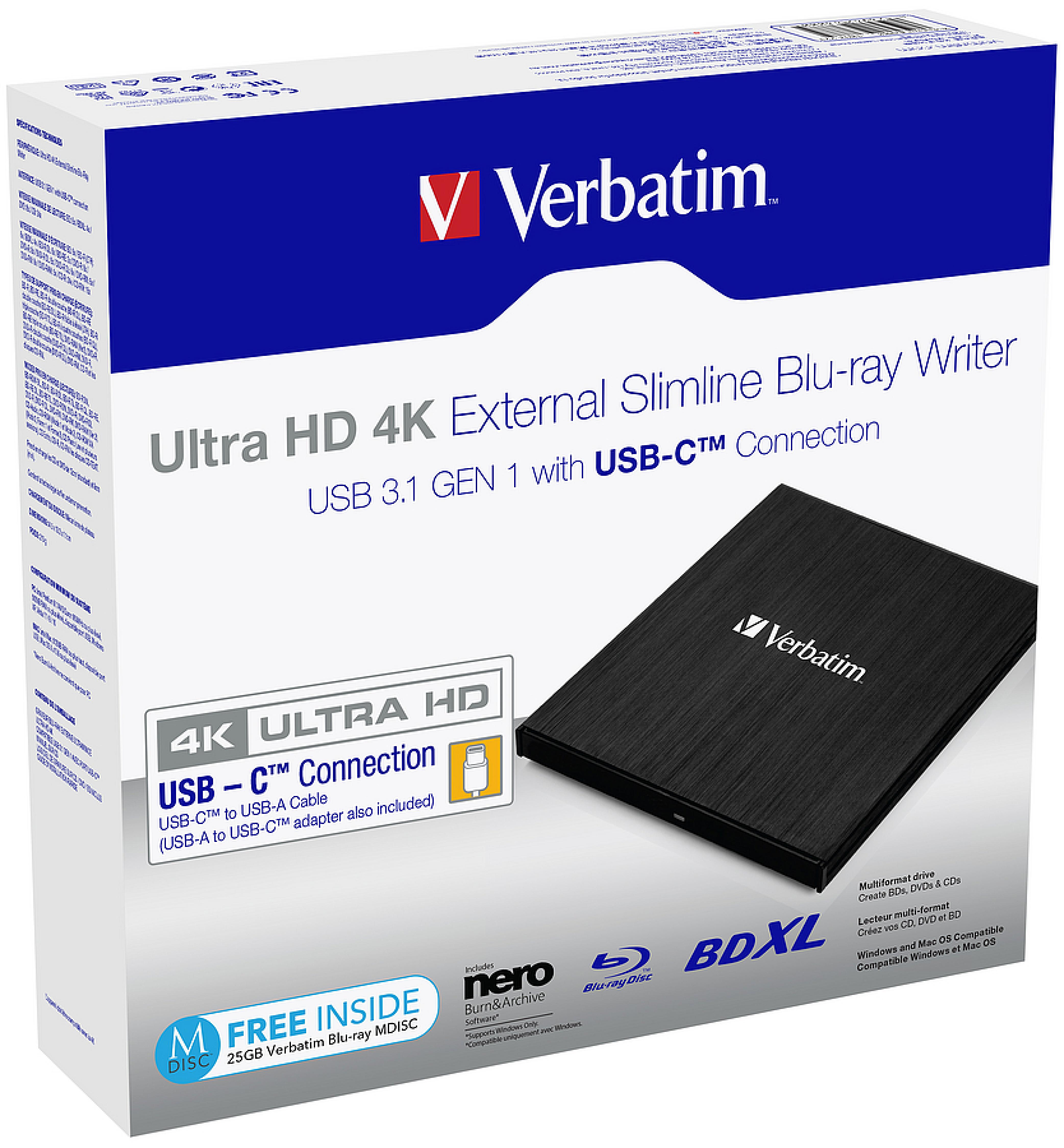 Verbatim Ultra HD 4K Externes Blu-ray Laufwerk mit USB-C Verbindung