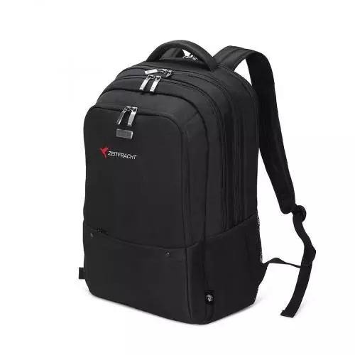 Schwarzer Rucksack mit roten Zierdetails und mehreren Fächern