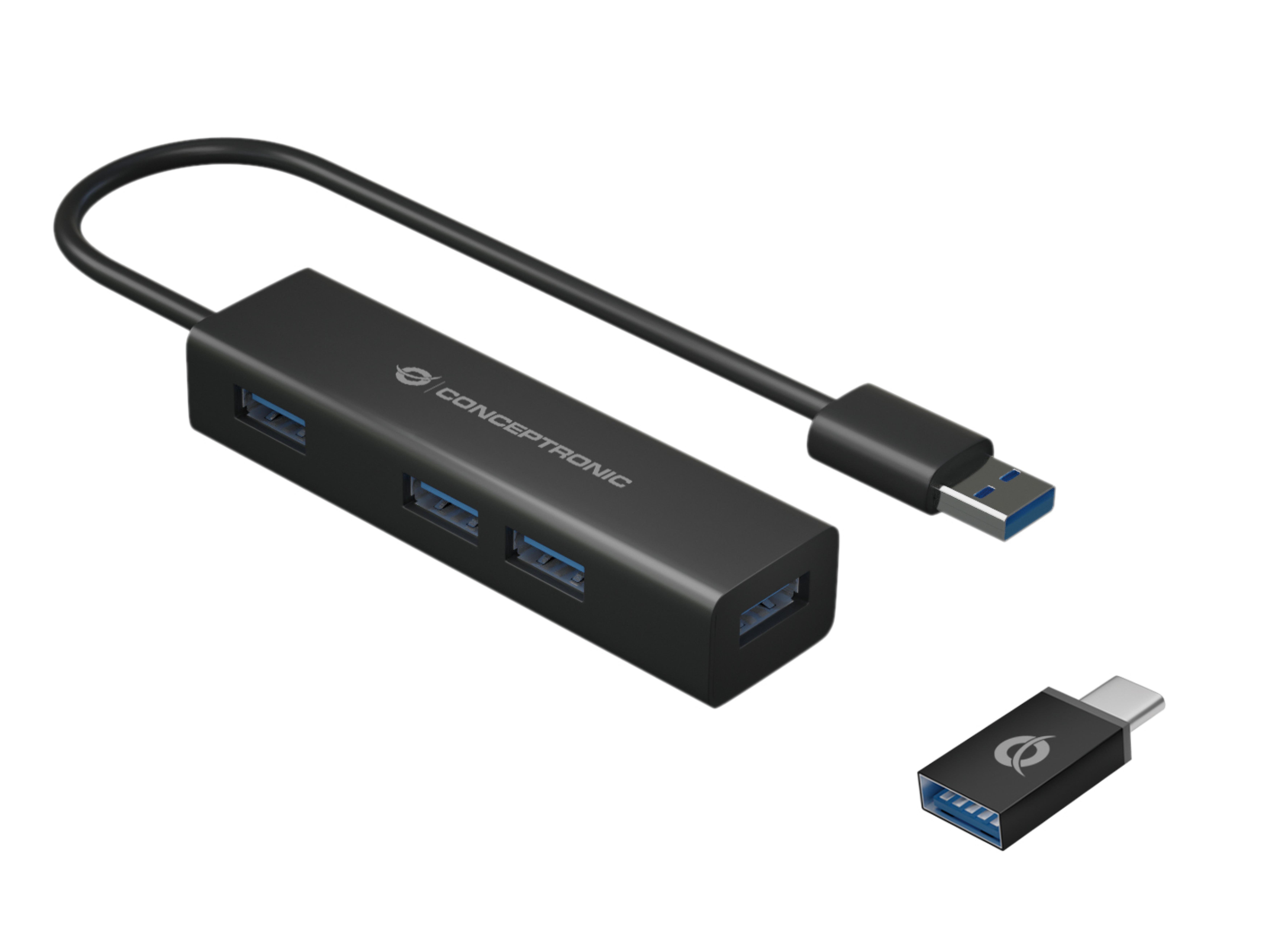 CONCEPTRONIC 4-Port Hub USB-A3.0/-C Adap.->4xA3.0 o.Netz. sw