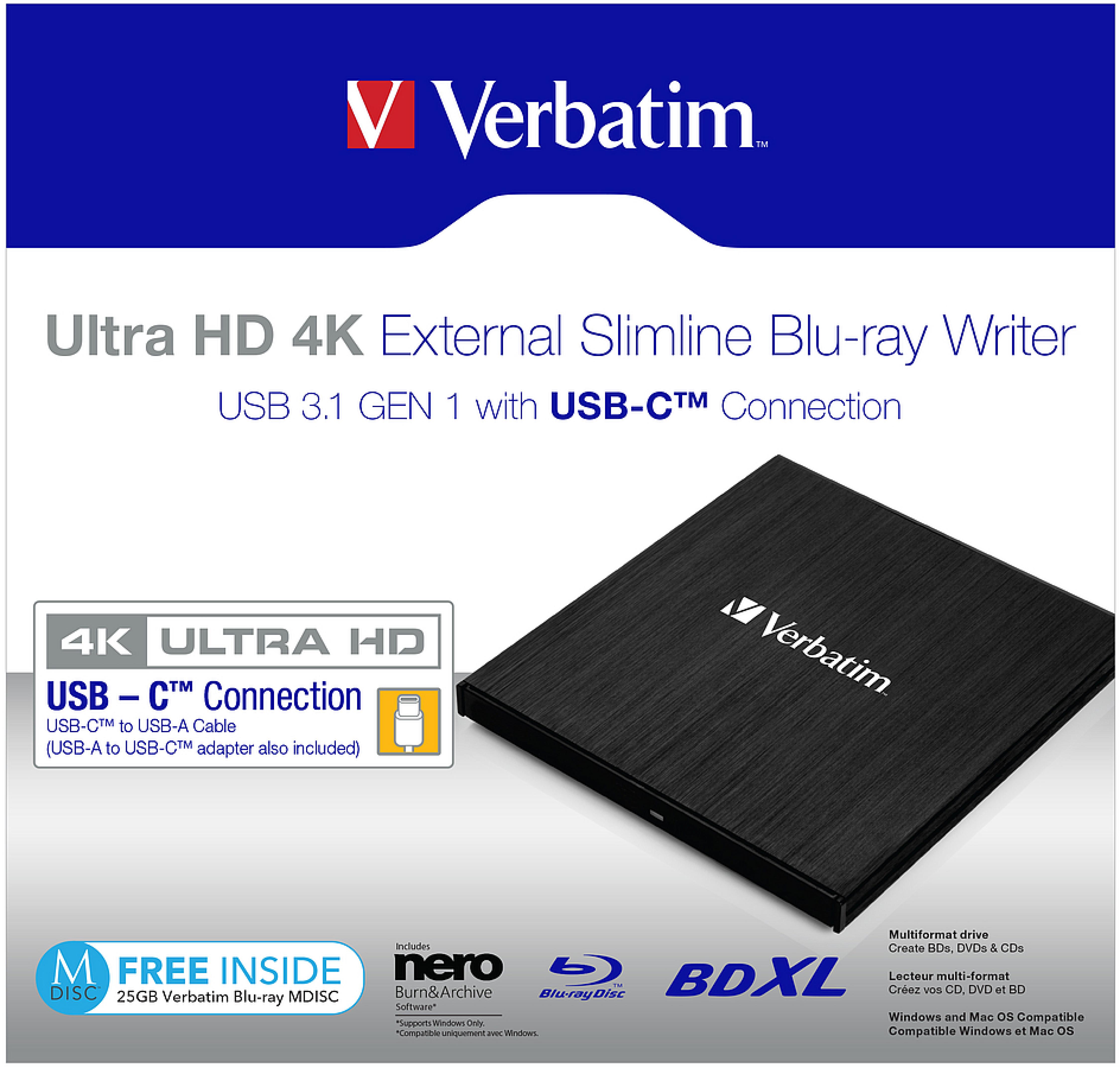 Verbatim Ultra HD 4K Externer Slimline Blu-ray Brenner mit USB 3.1 und USB-C Verbindung