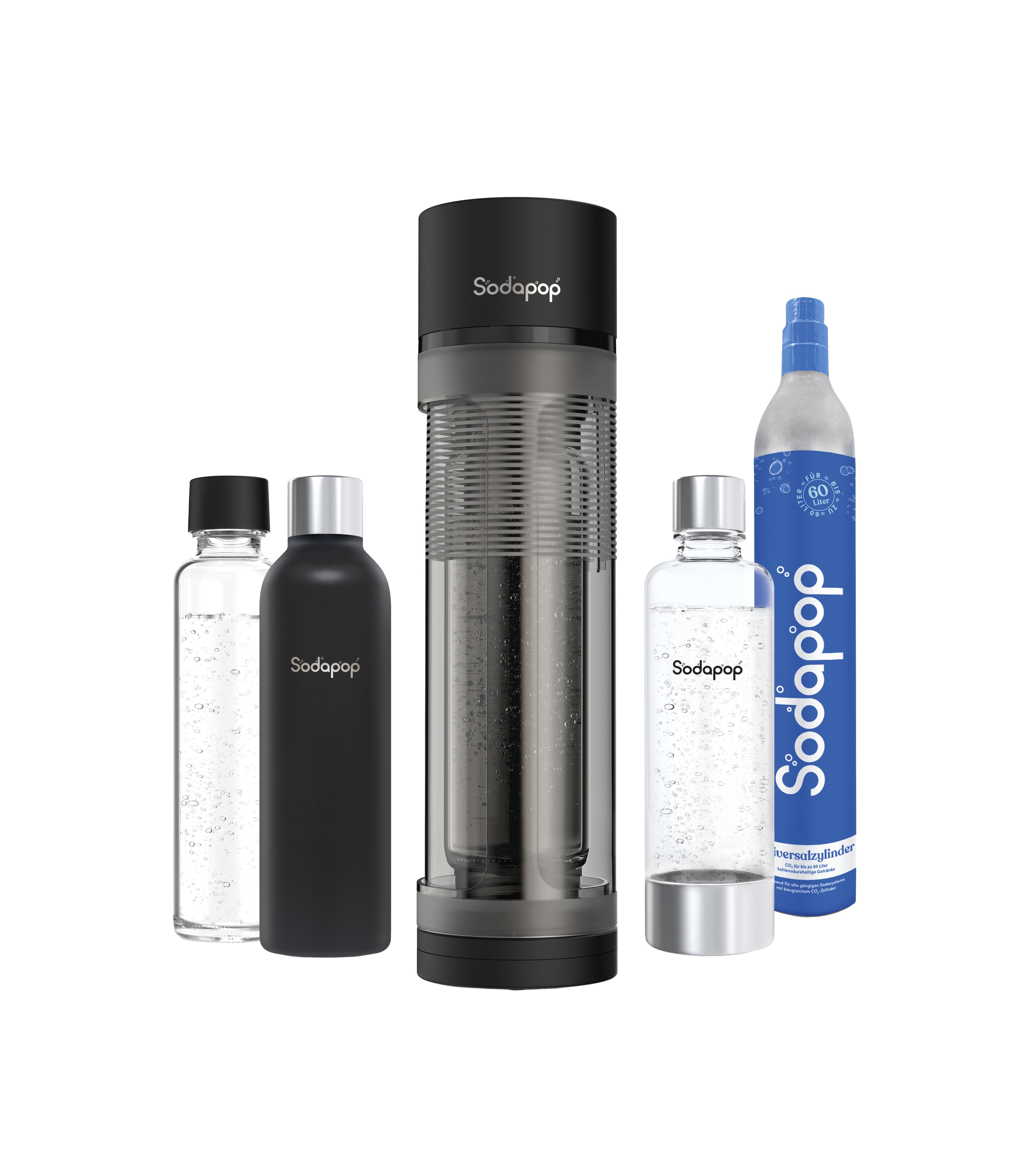 SODAPOP Wassersprudler Logan mit Glasflasche, PET Flasche, Edelstahlflasche + CO2-Zylinder