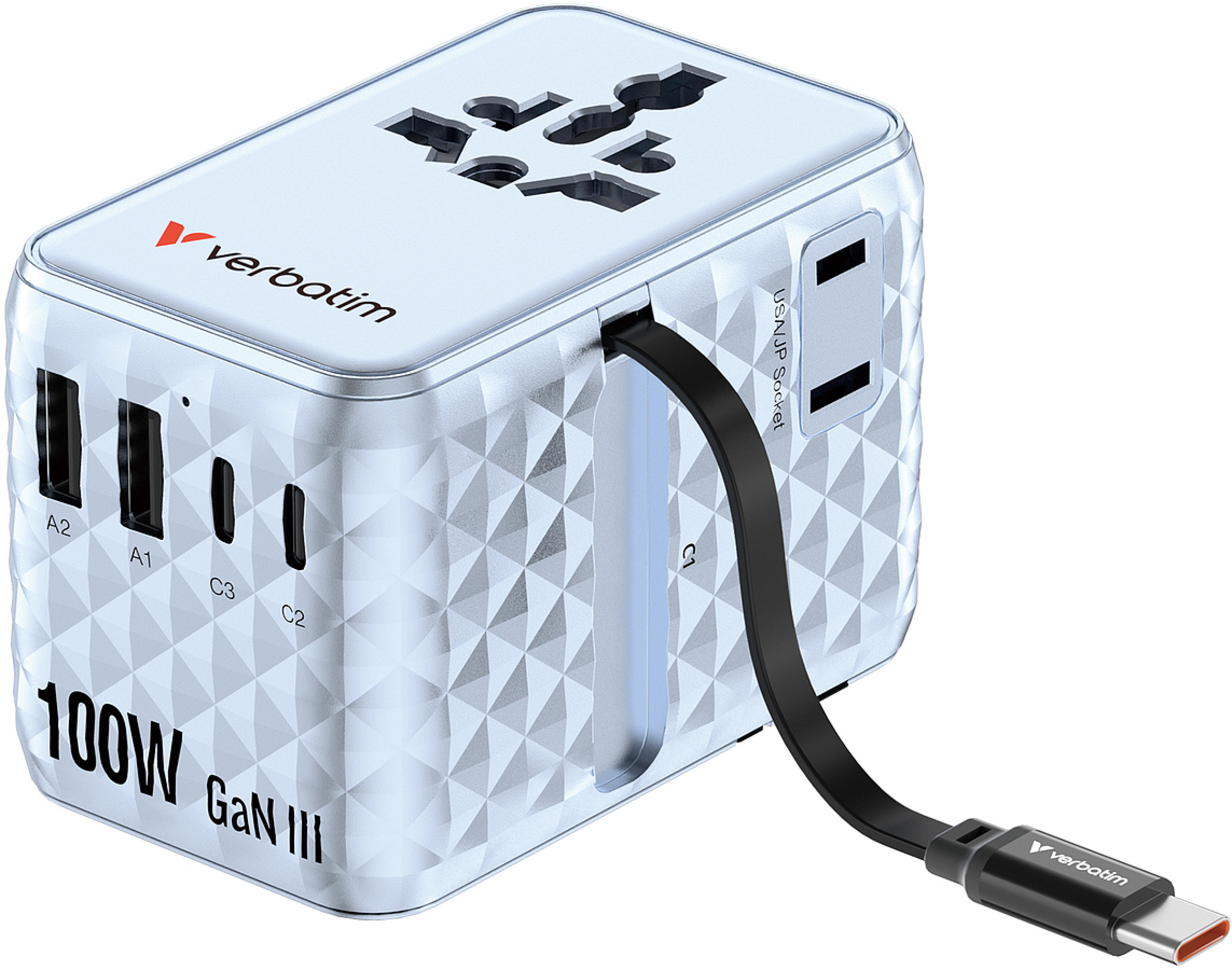 VERBATIM Charge n Travel, 100W universal travel adapter with retractable cable, blue