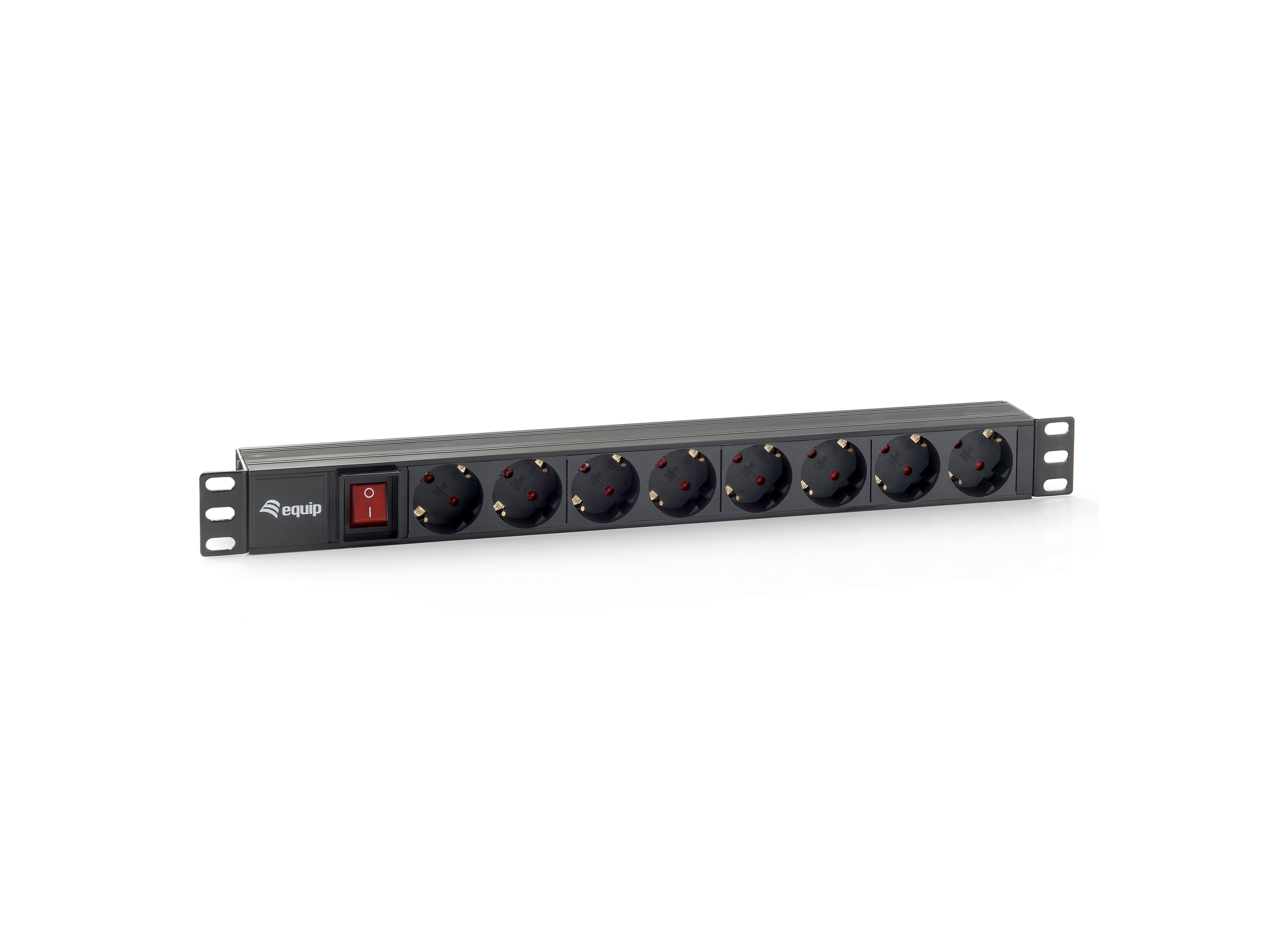 Equip 19" Steckdosenleiste 8xSchuko+Switch->St.90° sw. Pla.